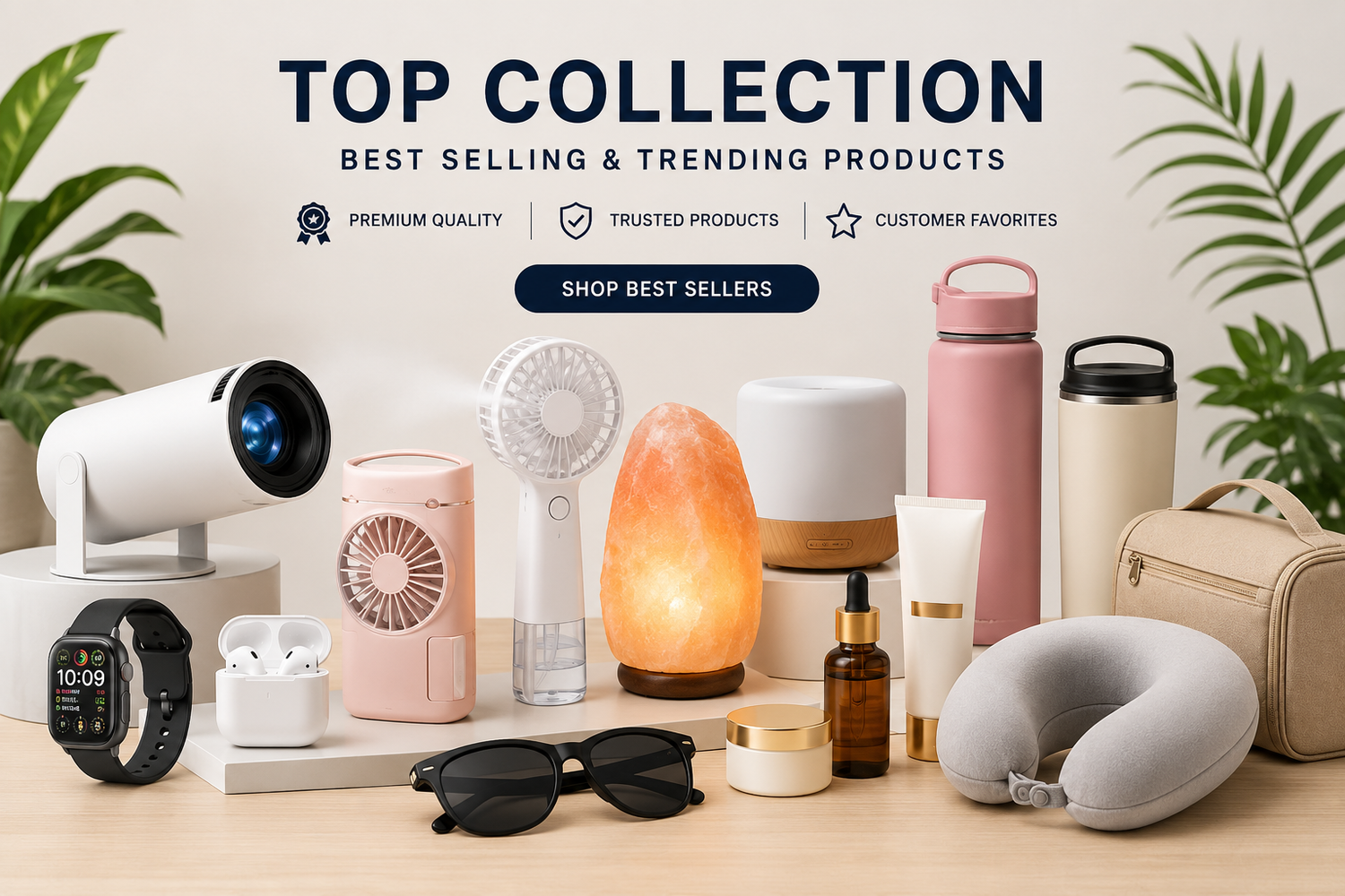 Top Collection featuring best-selling tech gadgets, home essentials, beauty products, travel accessories, and lifestyle products