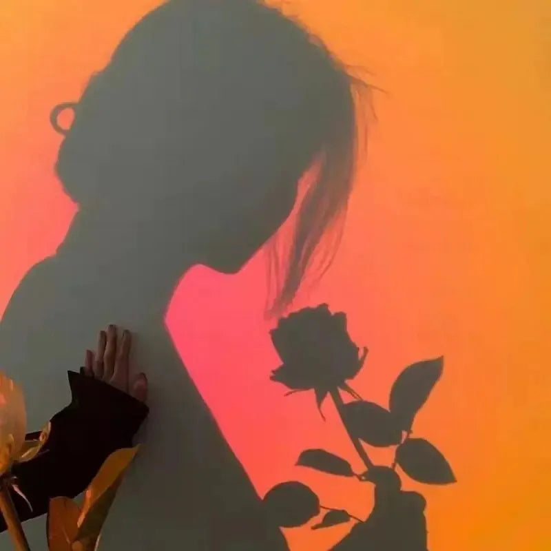 Silhouette of a person holding a rose against a vibrant sunset color backdrop created by a USB Sunset Projection Lamp.