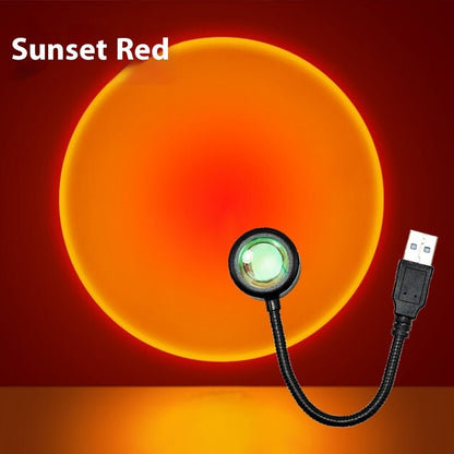 USB Sunset Projection Lamp with sunset red light effect and USB connector for mood lighting.