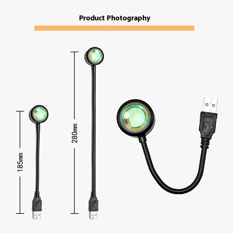USB Sunset Projection Lamp showing dimensions and design features of the mood light.