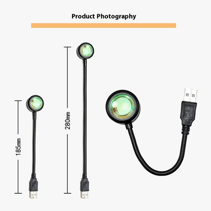 USB Sunset Projection Lamp showing dimensions and design features of the mood light.