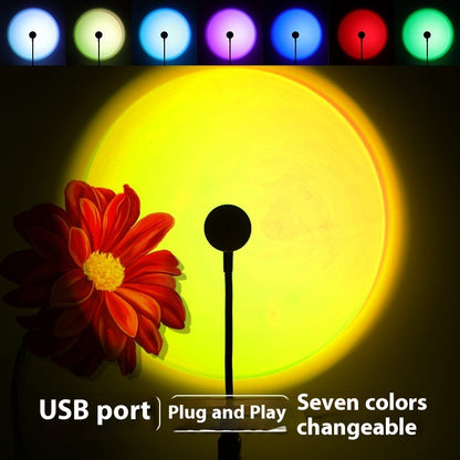 USB Sunset Projection Lamp showcasing seven changeable colors with a flower in front and USB port.